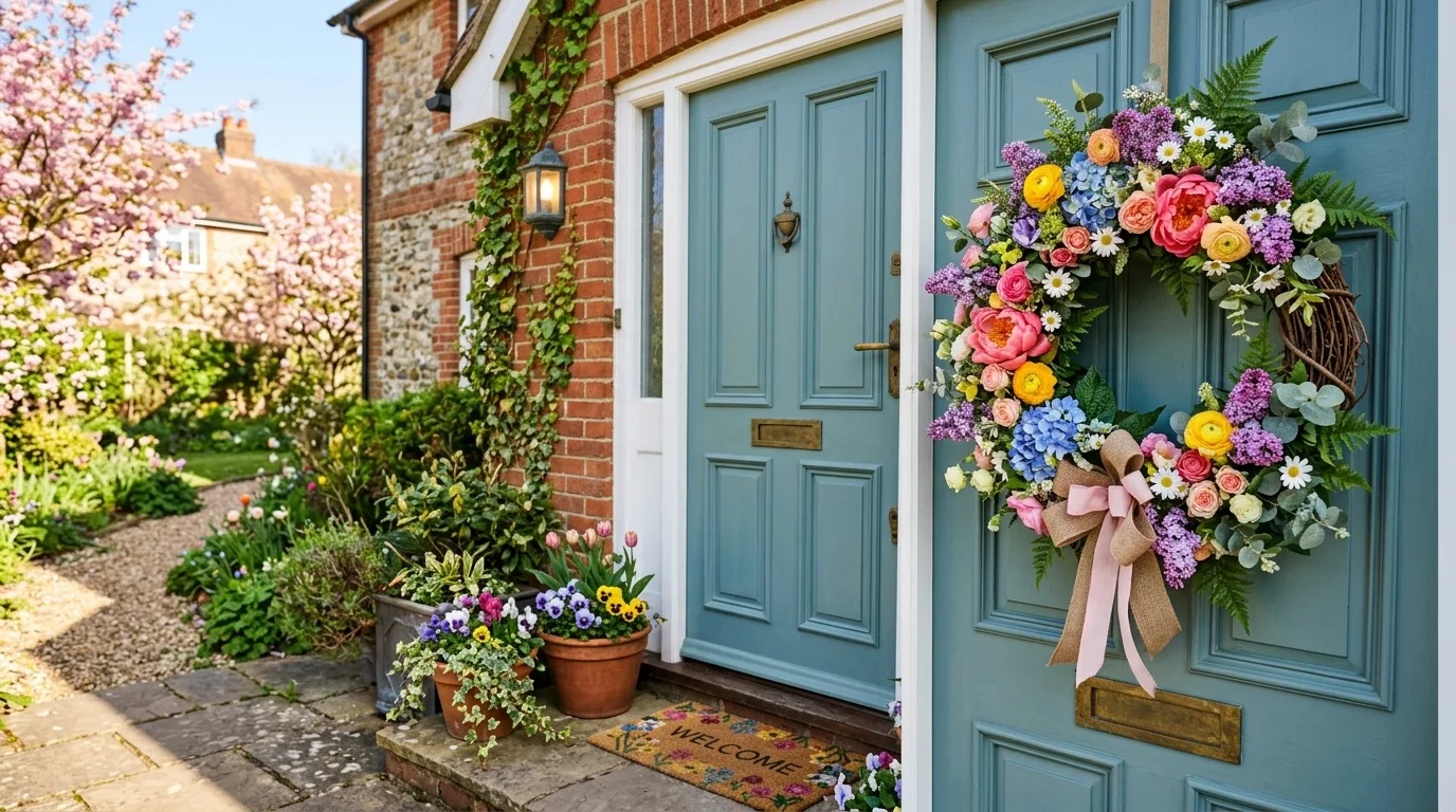 Colorful floral spring wreath on a front door